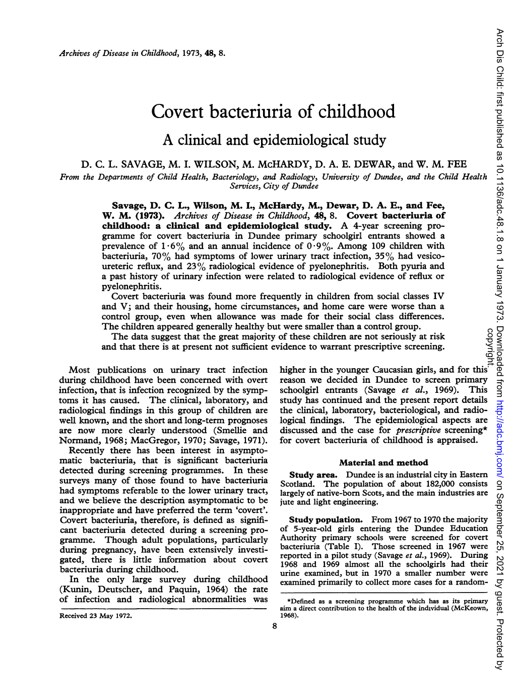 Covert Bacteriuria of Childhood a Clinical and Epidemiological Study D