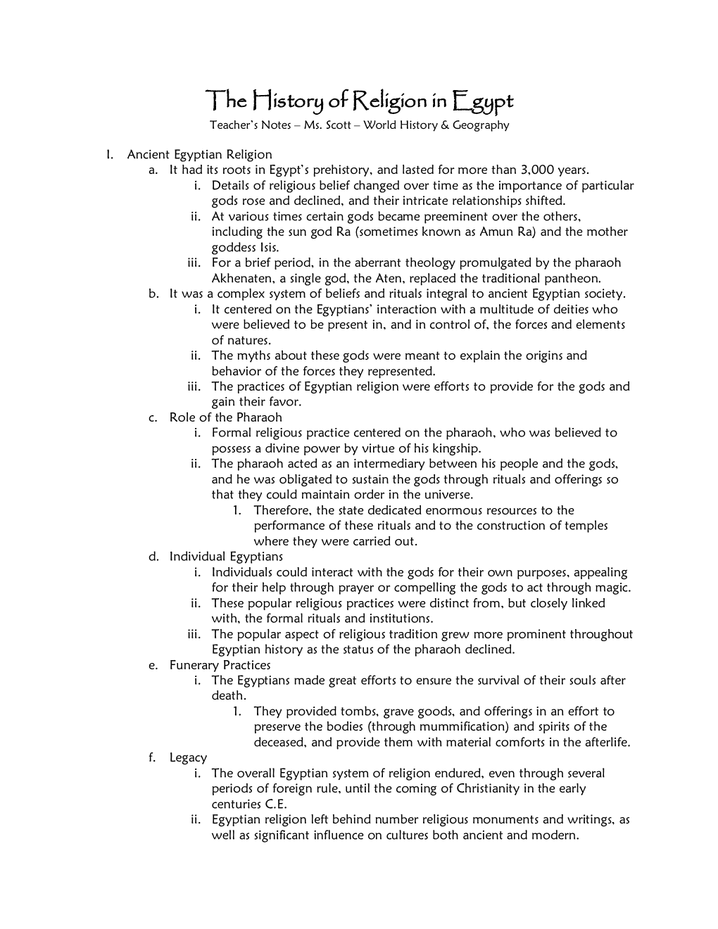 The History of Religion in Egypt Teacher’S Notes – Ms