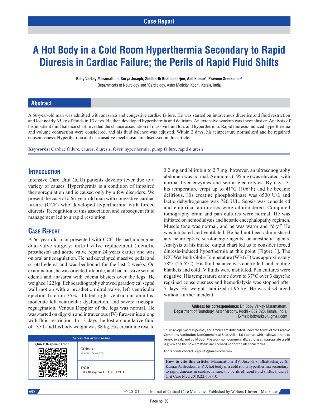 A Hot Body in a Cold Room Hyperthermia Secondary to Rapid Diuresis in Cardiac Failure; the Perils of Rapid Fluid Shifts