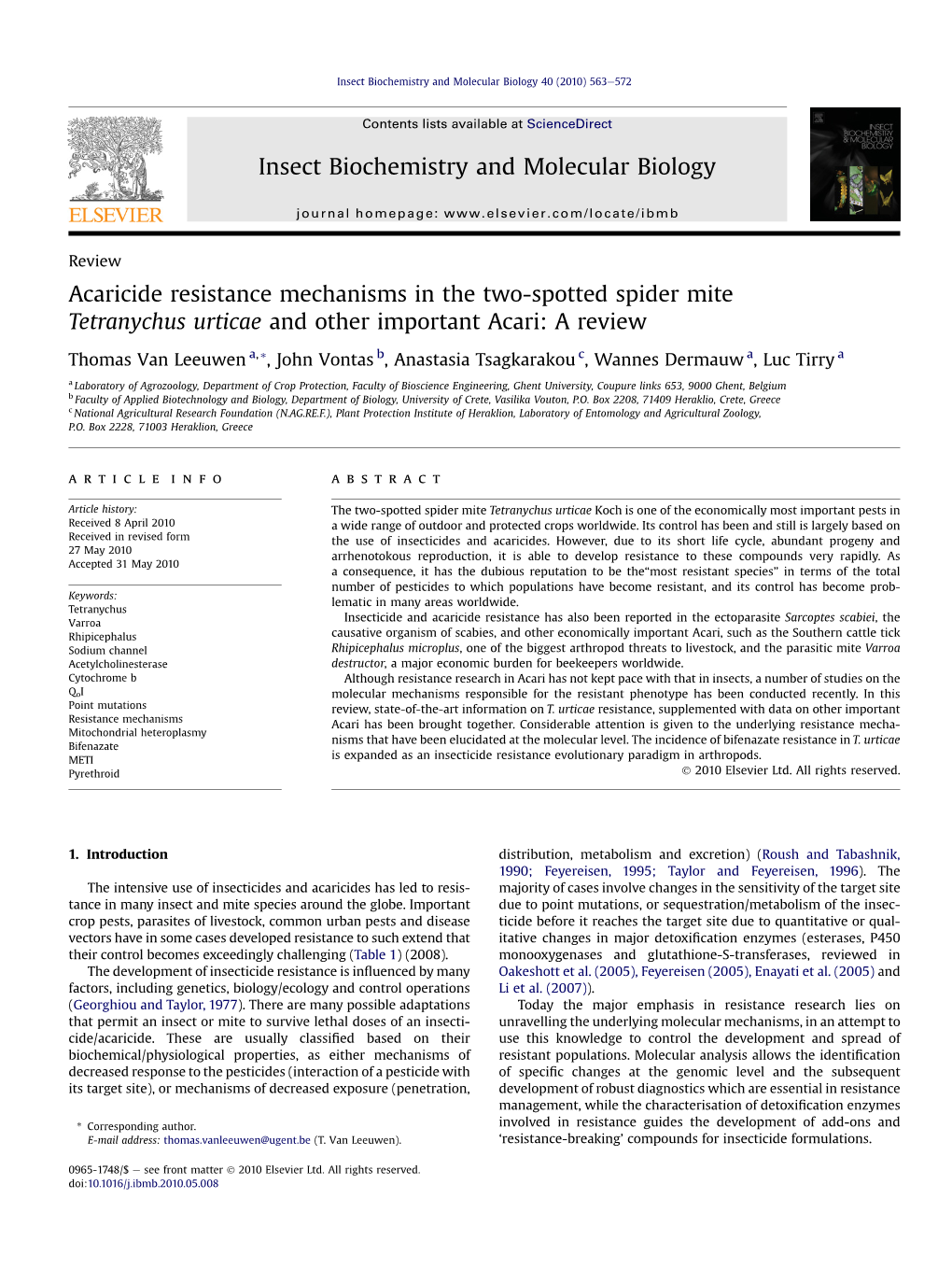 Acaricide Resistance Mechanisms in the Two-Spotted Spider Mite Tetranychus Urticae and Other Important Acari: a Review