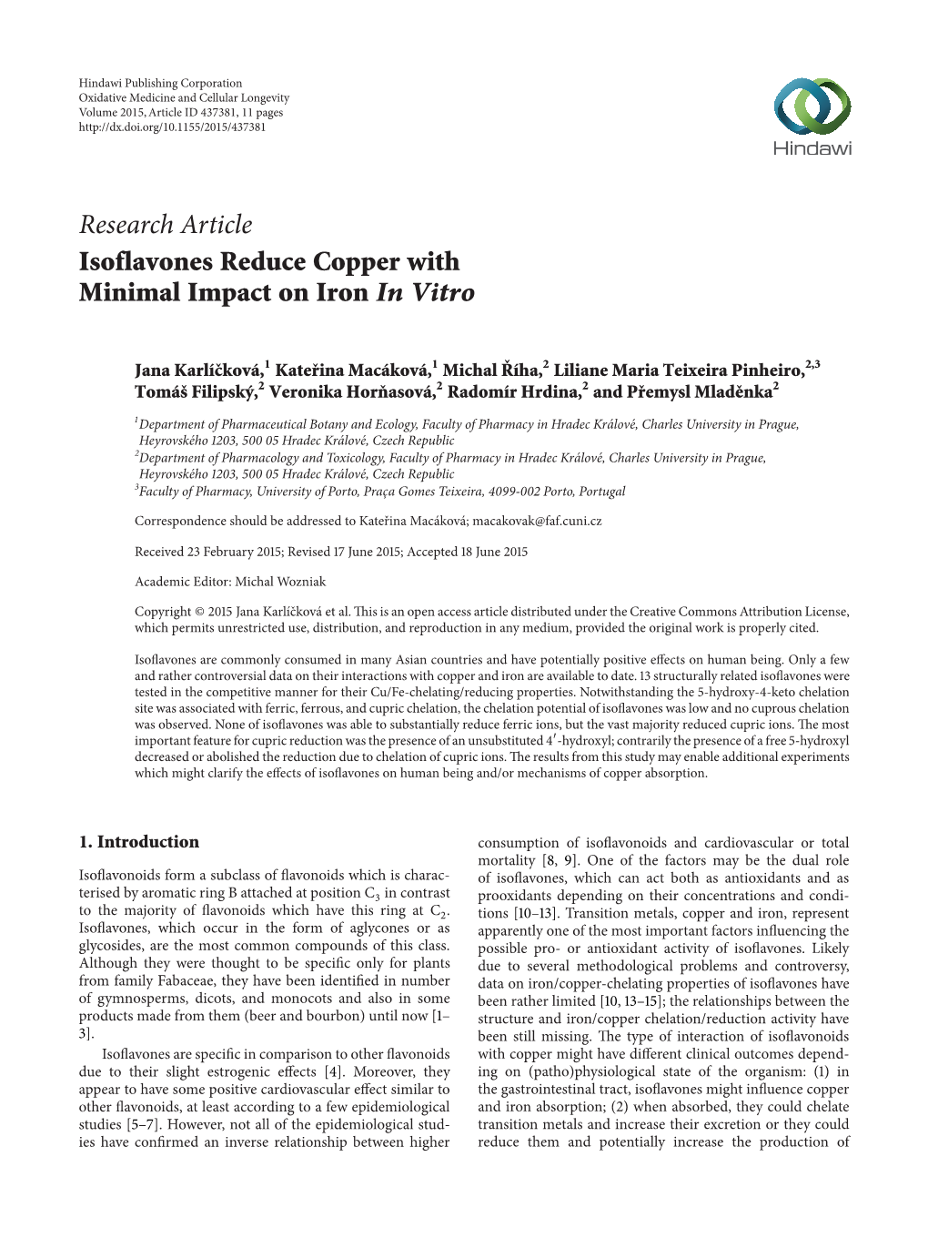 Isoflavones Reduce Copper with Minimal Impact on Iron in Vitro
