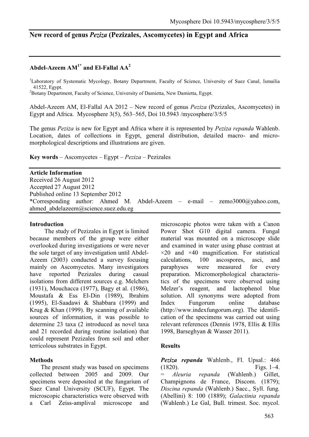 New Record of Genus Peziza (Pezizales, Ascomycetes) in Egypt and Africa