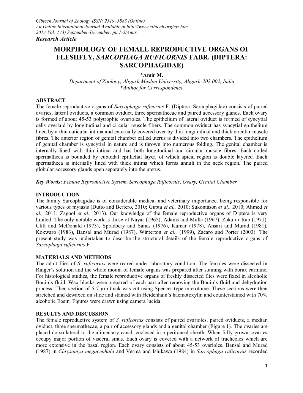 Morphology of Female Reproductive Organs of Fleshfly, Sarcophaga Ruficornis Fabr