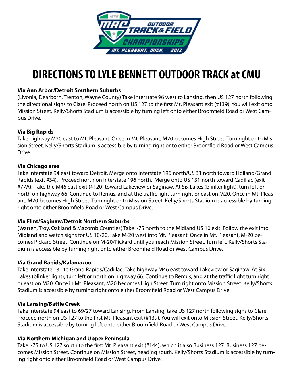 DIRECTIONS to LYLE BENNETT OUTDOOR TRACK at CMU