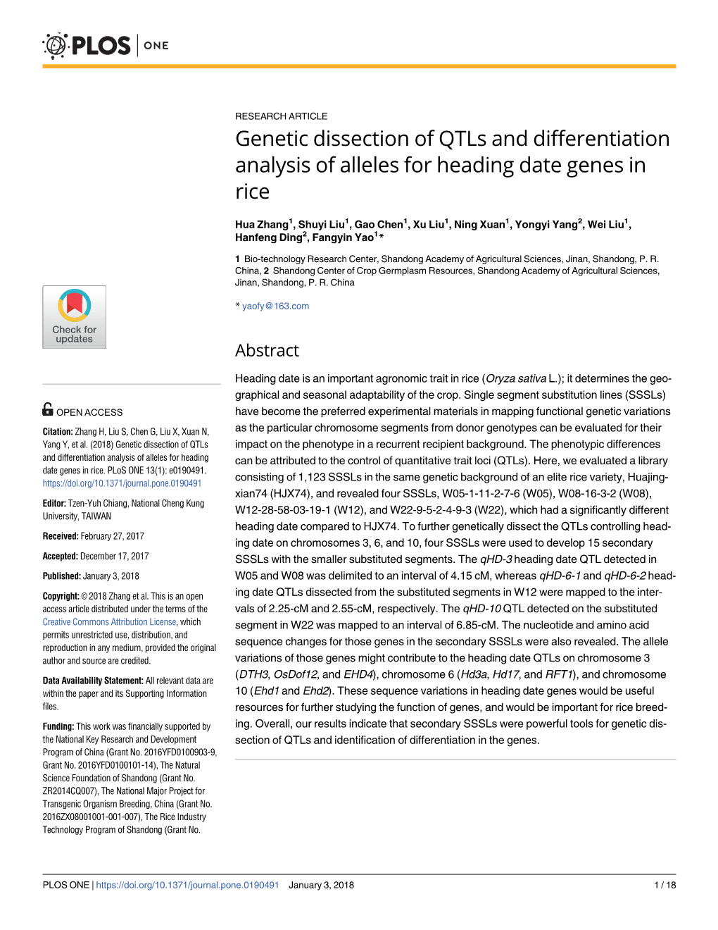 Genetic Dissection of Qtls and Differentiation Analysis of Alleles for Heading Date Genes in Rice