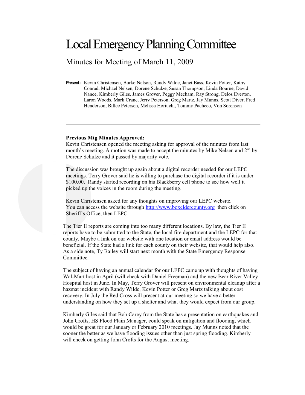 Local Emergency Planning Committee Minutes for Meeting of February 11, 2009