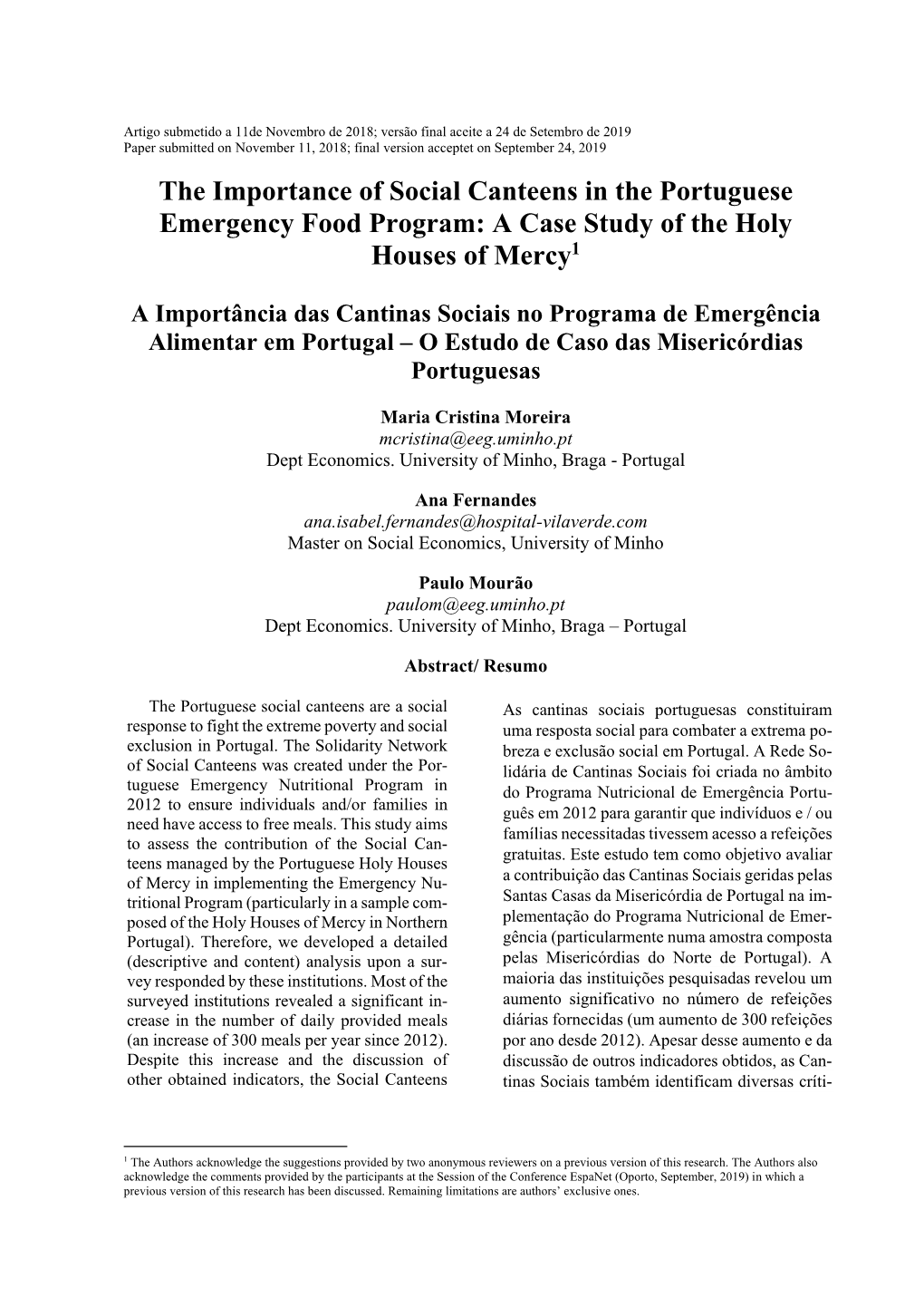 The Importance of Social Canteens in the Portuguese Emergency Food Program: a Case Study of the Holy Houses of Mercy1