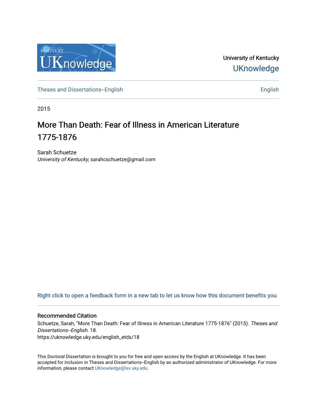 More Than Death: Fear of Illness in American Literature 1775-1876