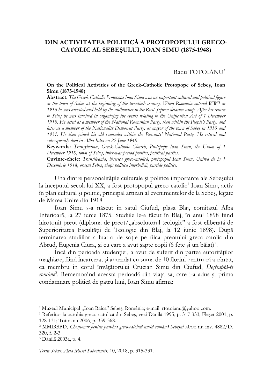 Din Activitatea Politică a Protopopului Greco- Catolic Al Sebeşului, Ioan Simu (1875-1948)