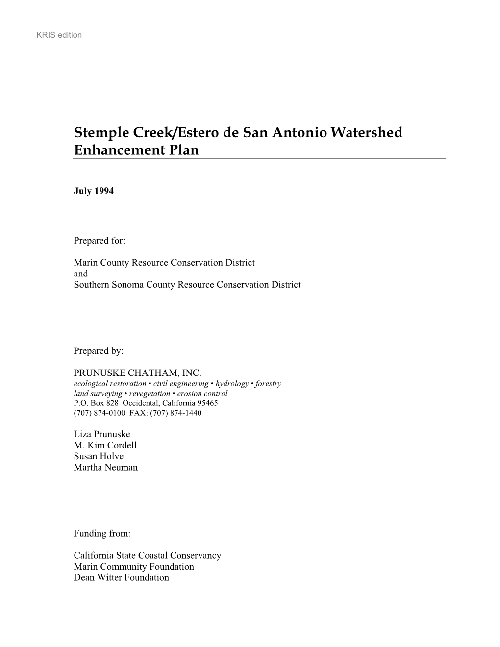 Stemple Creek/Estero De San Antonio Watershed Enhancement Plan