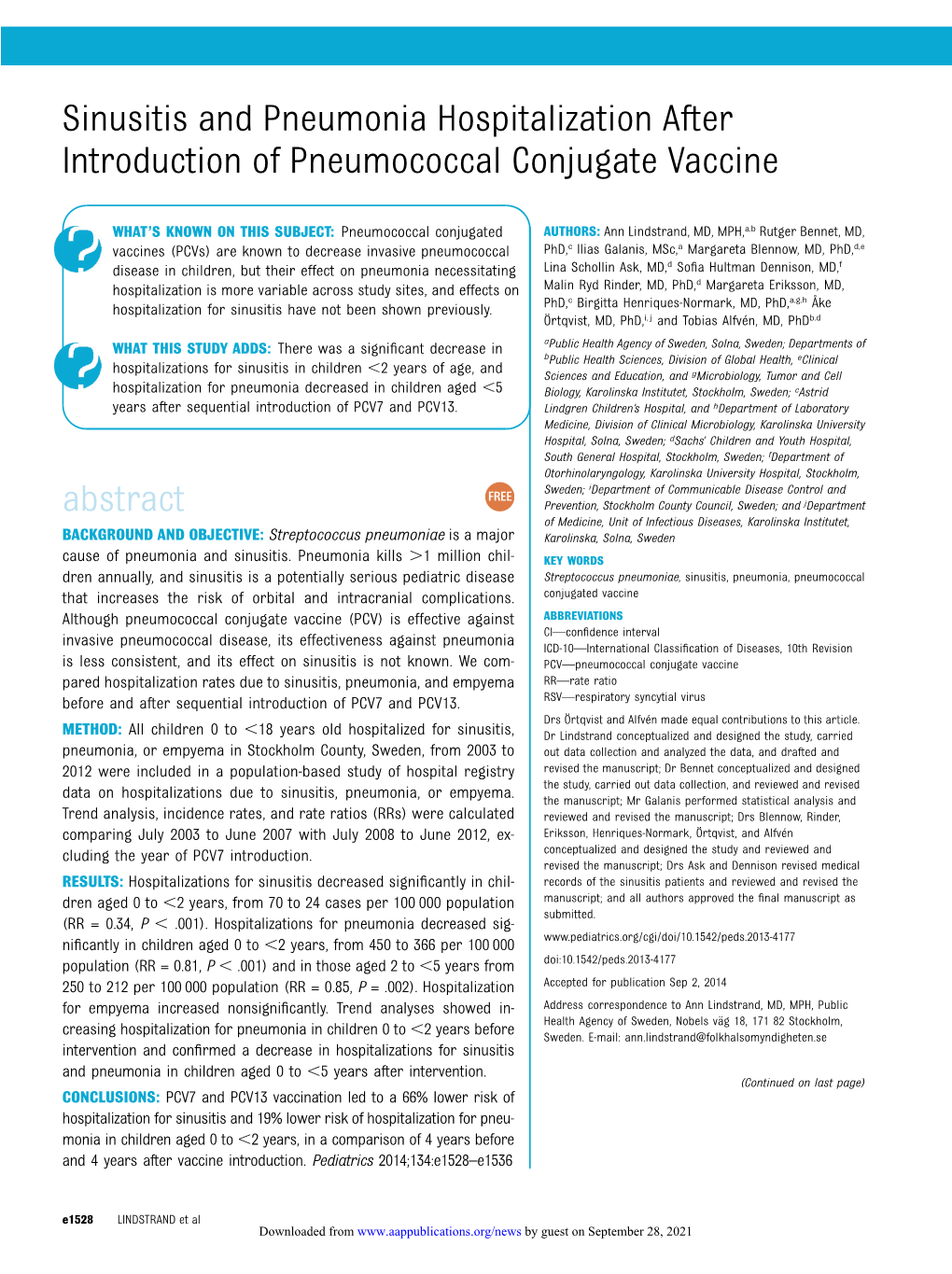 Sinusitis and Pneumonia Hospitalization After Introduction of Pneumococcal Conjugate Vaccine