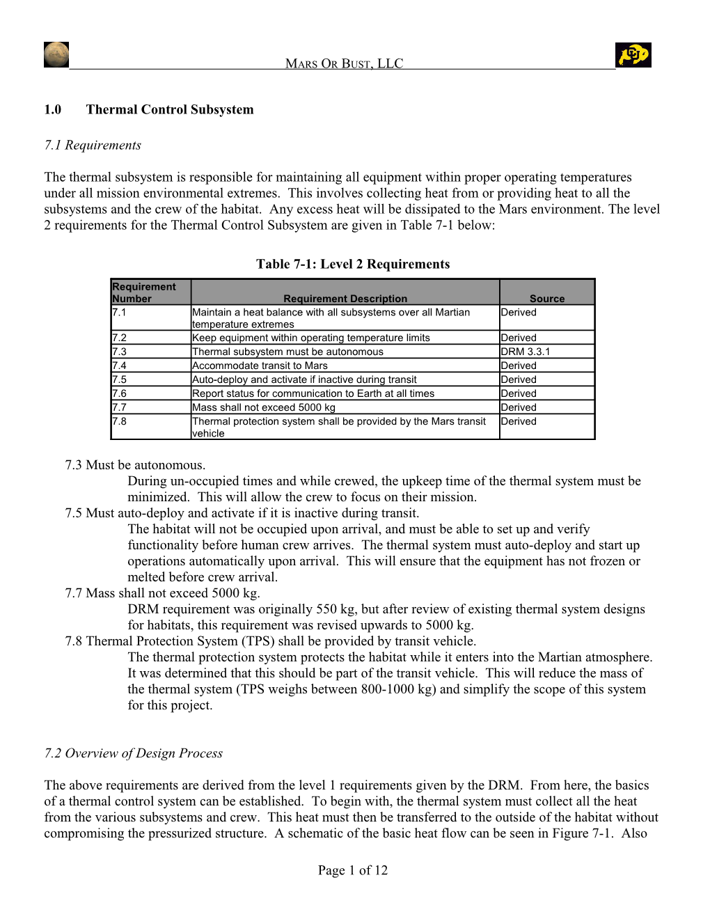 7.0 Thermal Control Subsystem