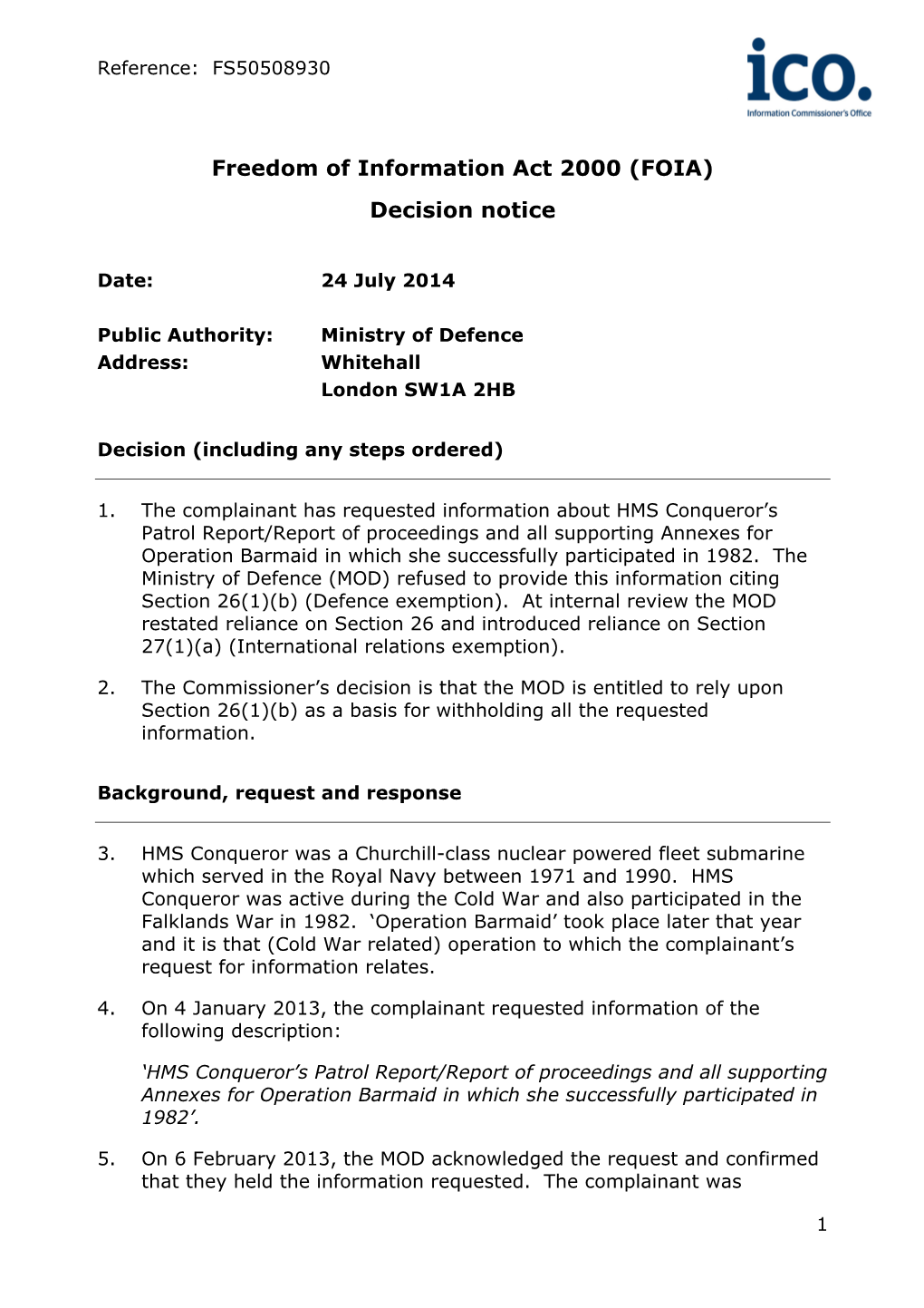 Freedom of Information Act 2000 (FOIA) Decision Notice