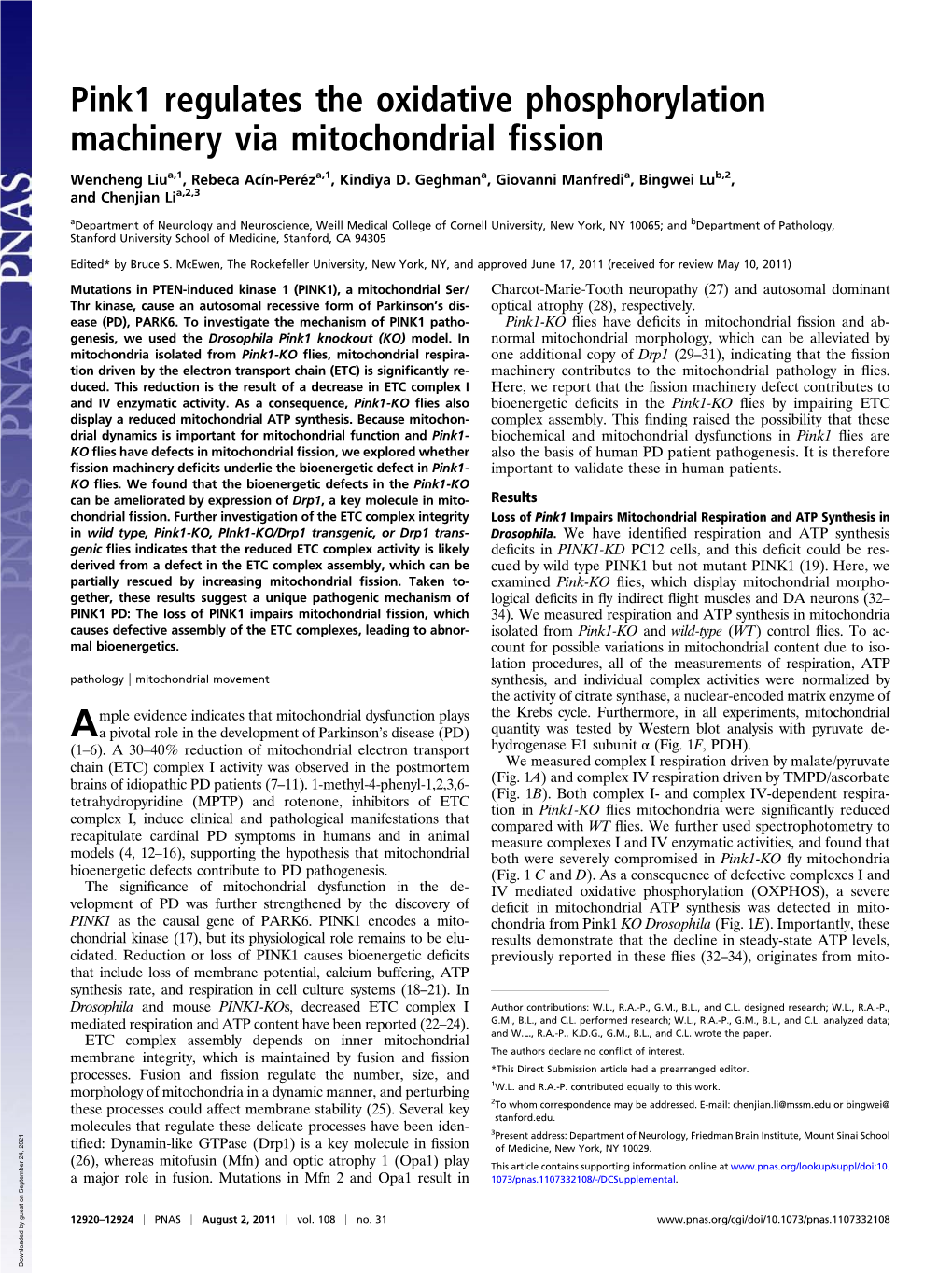 Pink1 Regulates the Oxidative Phosphorylation Machinery Via Mitochondrial ﬁssion