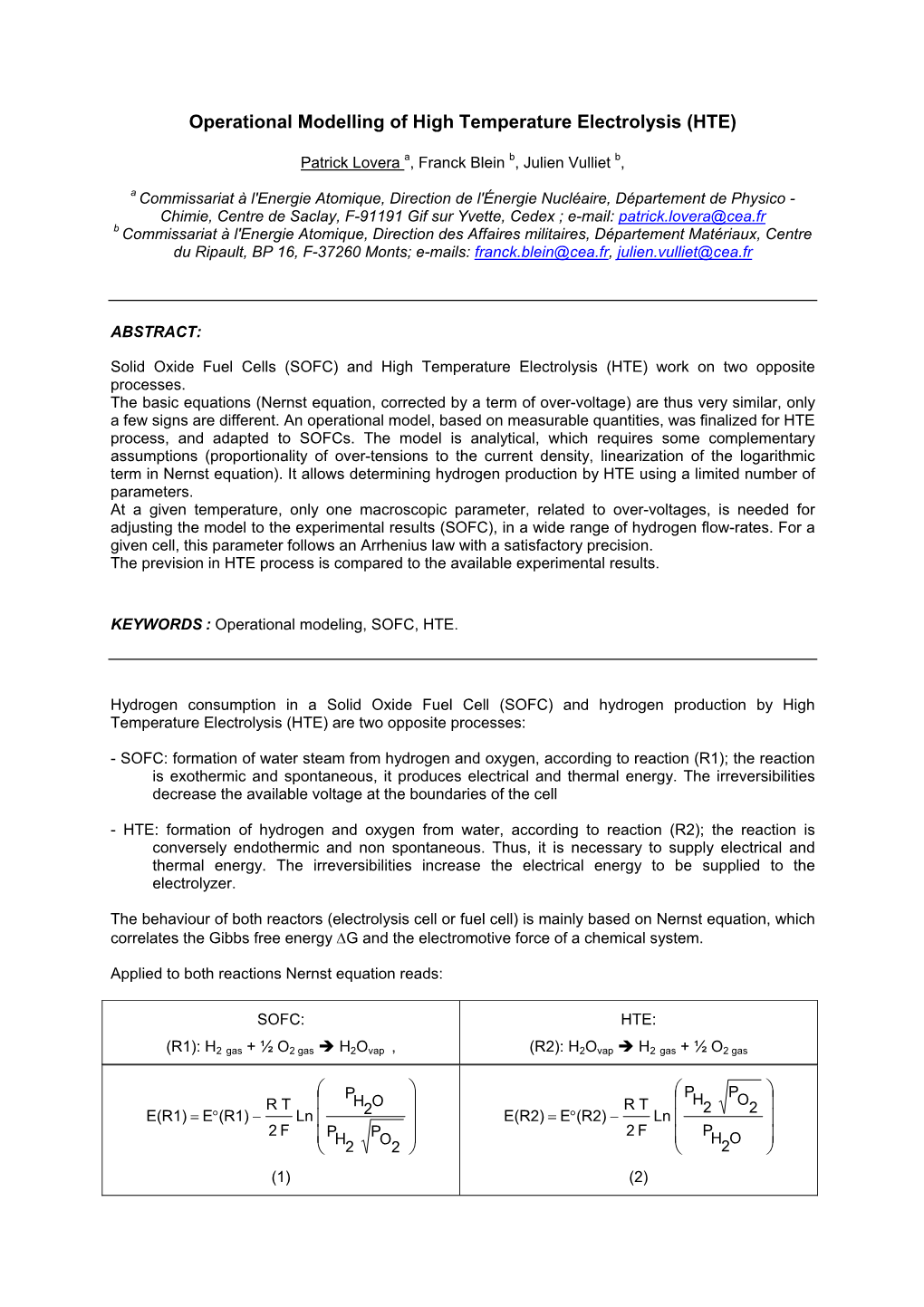 Operational Modelling of High Temperature Electrolysis (HTE)