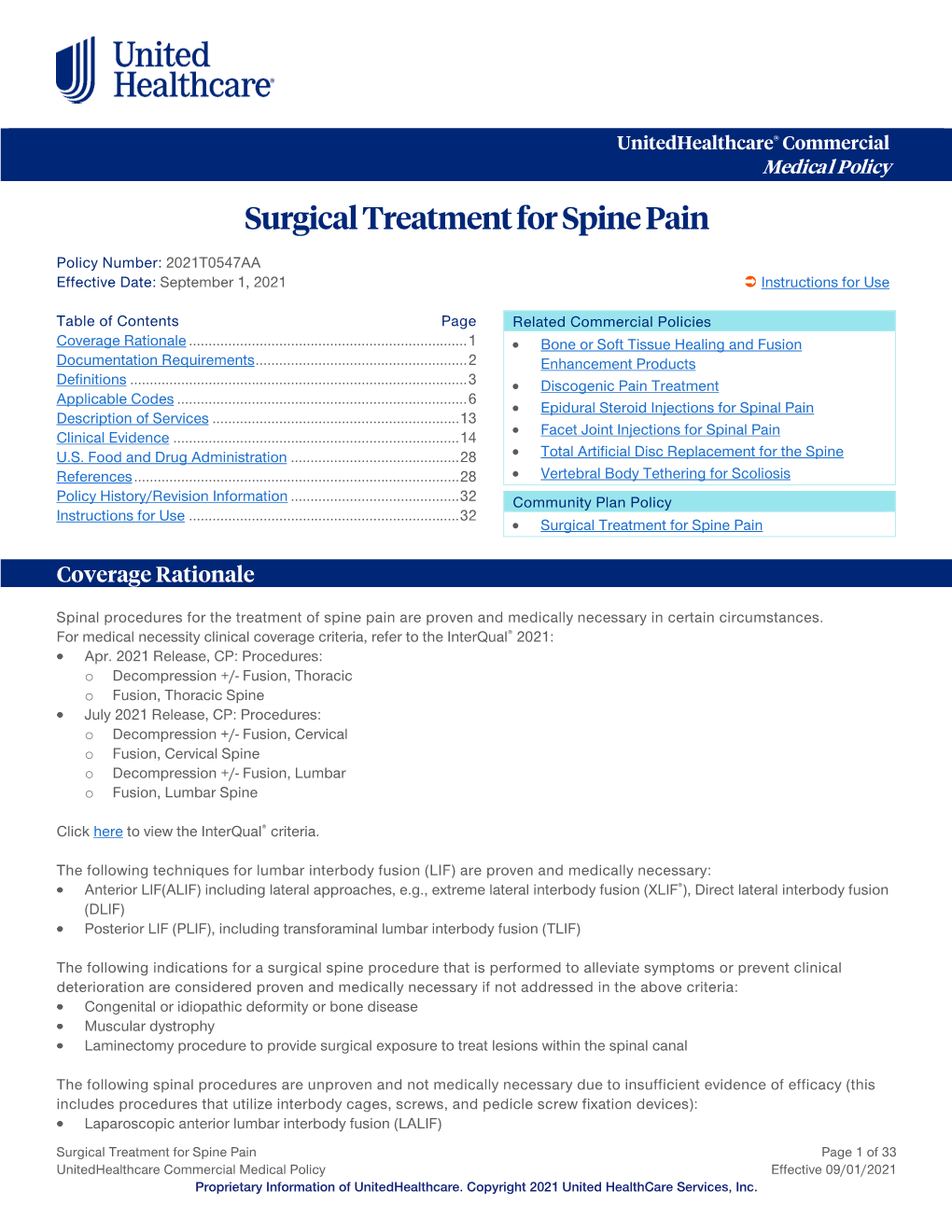 Surgical Treatment for Spine Pain – Commercial Medical Policy