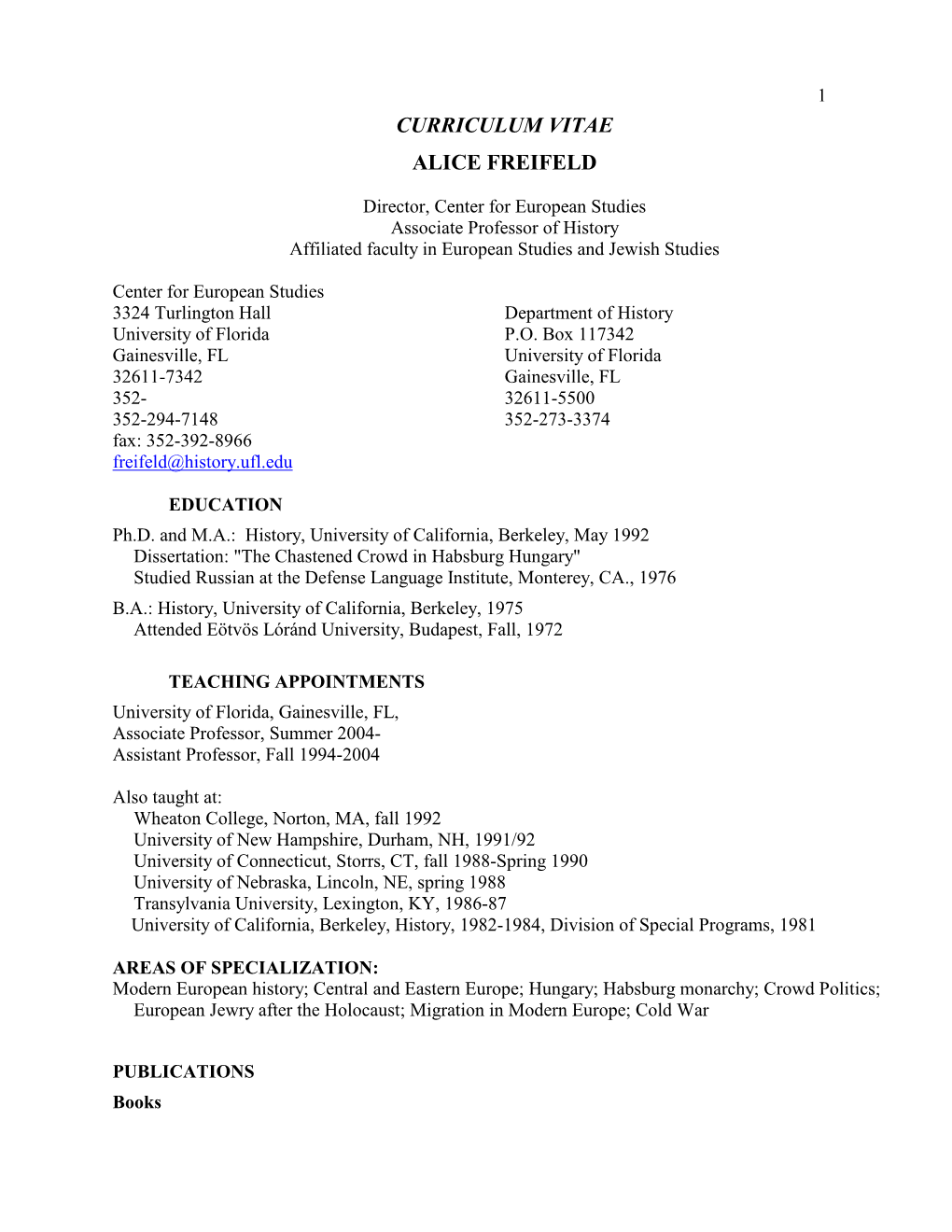 Alice Freifeld Curriculum Vitae