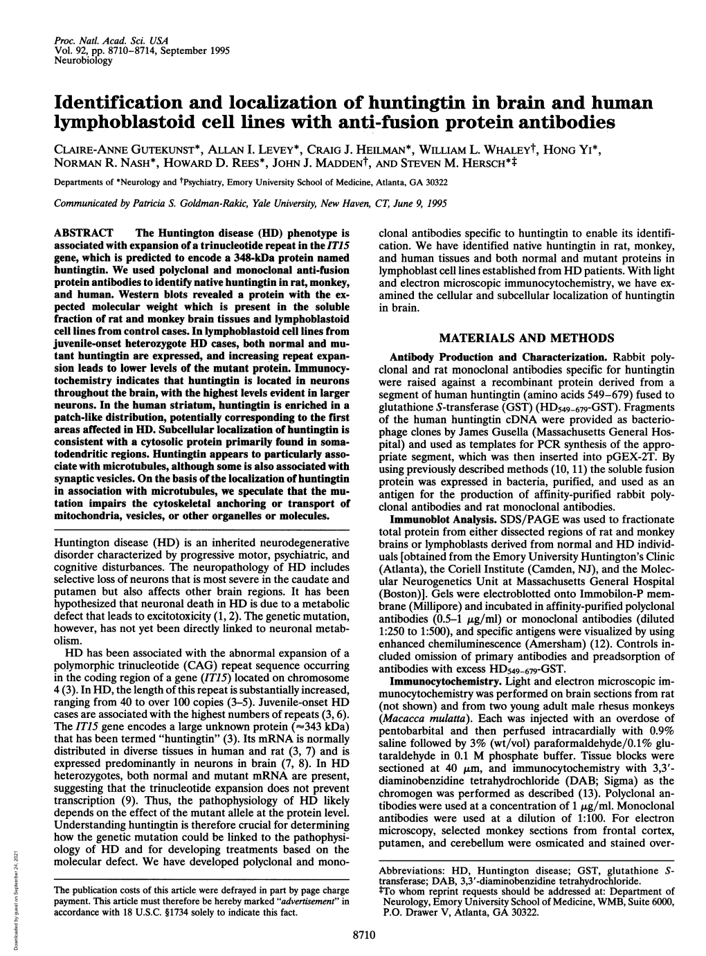 Identification and Localization of Huntingtin in Brain and Human Lymphoblastoid Cell Lines with Anti-Fusion Protein Antibodies CLAIRE-ANNE GUTEKUNST*, ALLAN I