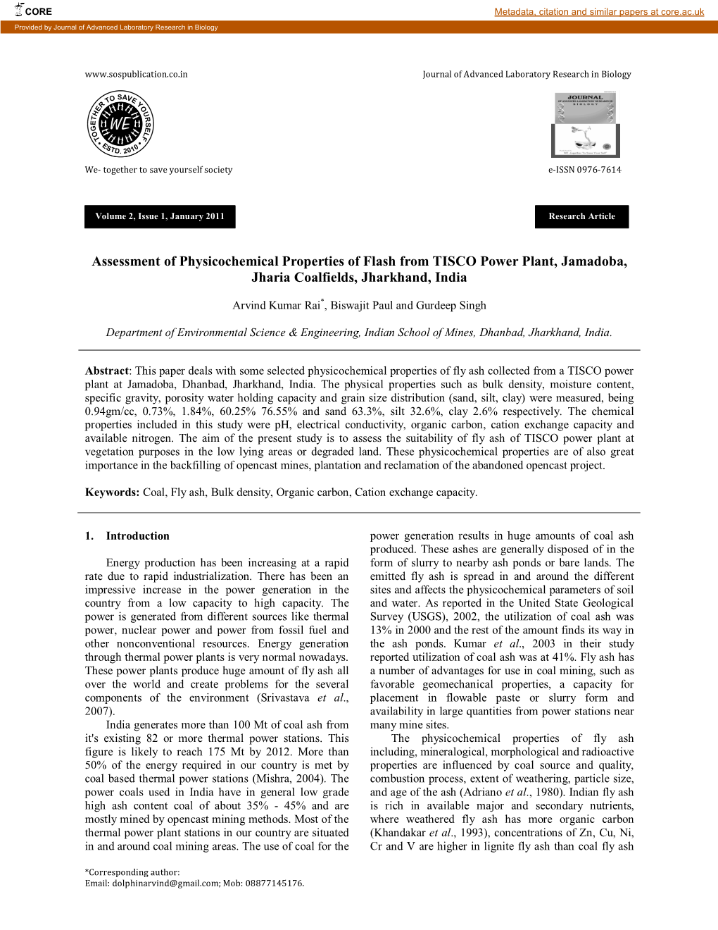 Assessment of Physicochemical Properties of Flash from TISCO Power Plant, Jamadoba, Jharia Coalfields, Jharkhand, India