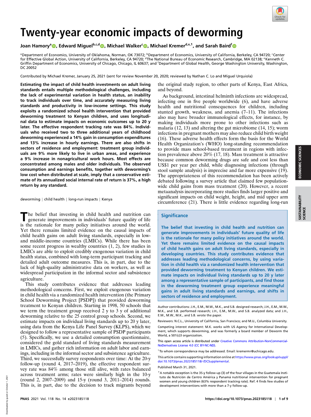 Twenty-Year Economic Impacts of Deworming