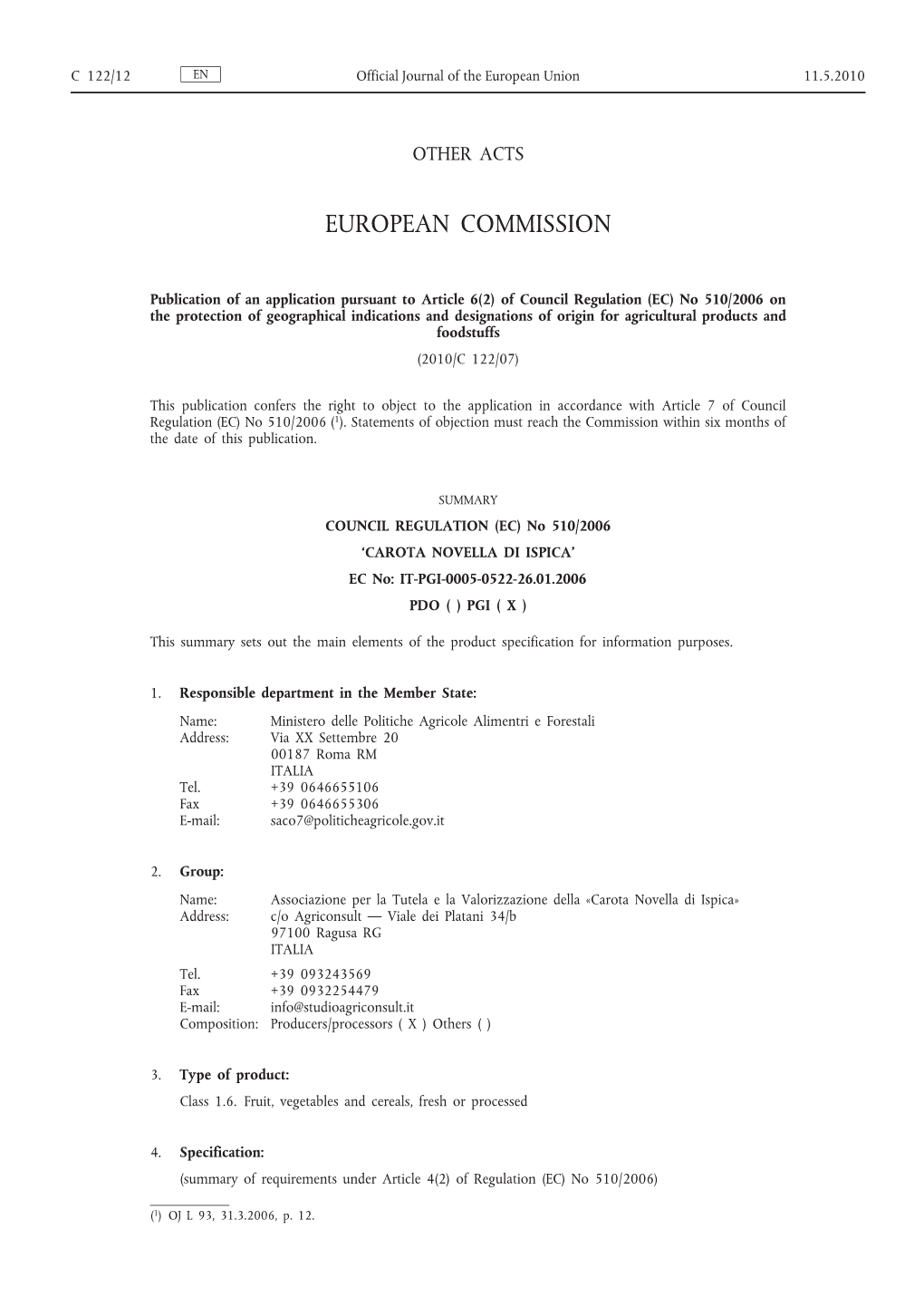 Of Council Regulation (EC) No 510/2006 on the Protection Of