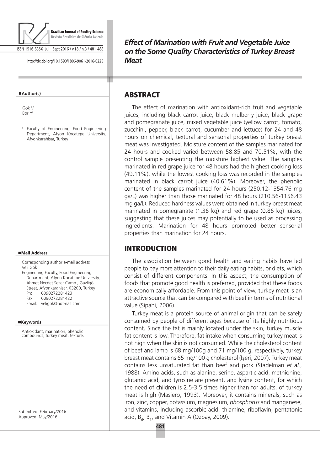 Effect of Marination with Fruit and Vegetable Juice on the Some Quality Characteristics of Turkey Breast Meat