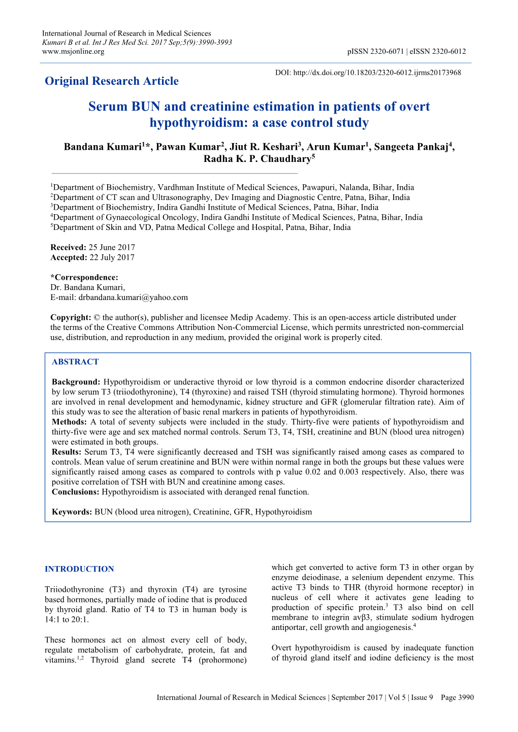 Serum BUN and Creatinine Estimation in Patients of Overt Hypothyroidism: a Case Control Study