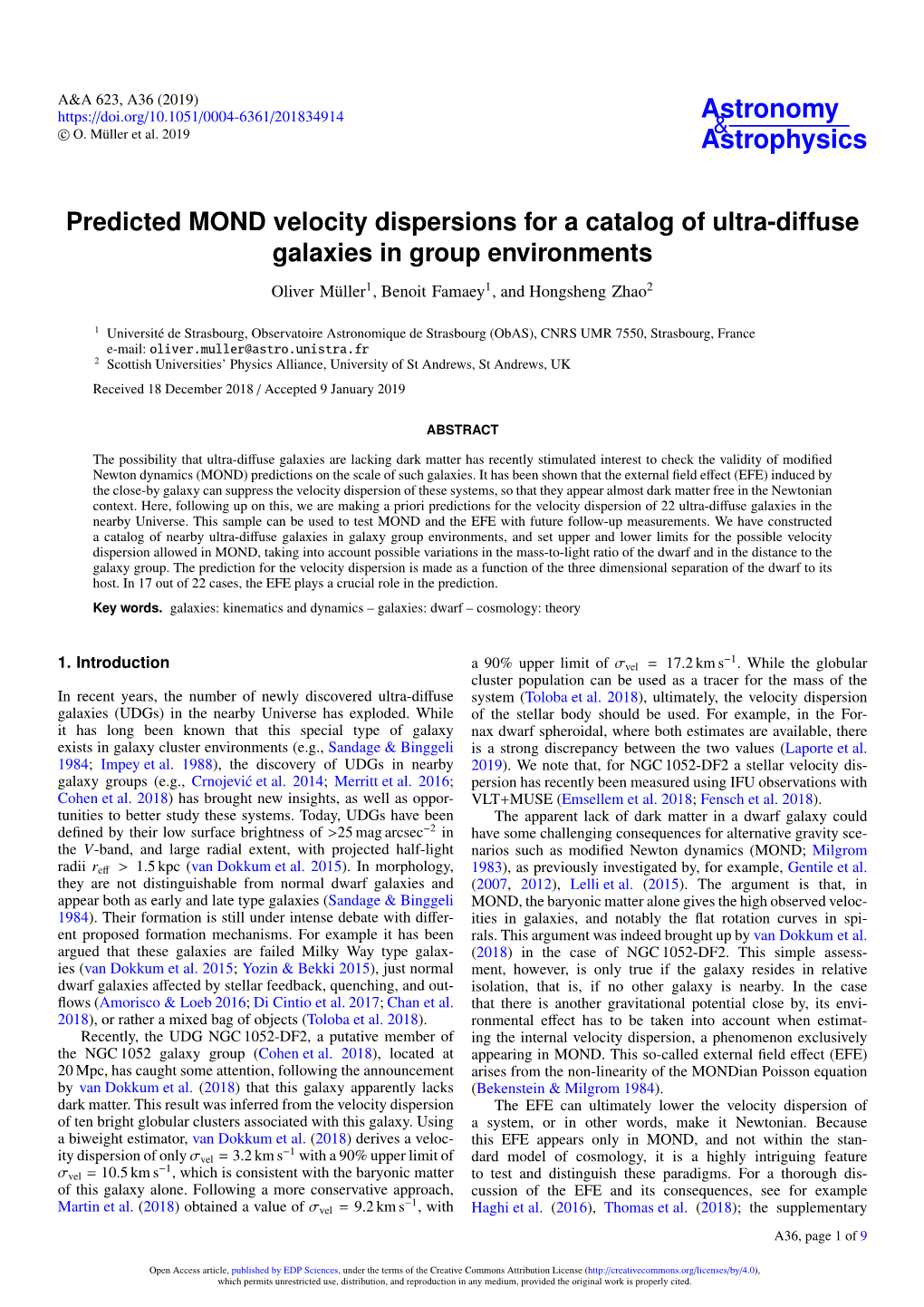 Predicted MOND Velocity Dispersions for a Catalog of Ultra-Diffuse Galaxies in Group Environments Oliver Müller1, Benoit Famaey1, and Hongsheng Zhao2