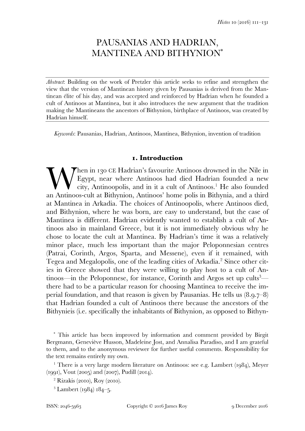 Pausanias and Hadrian, Mantinea and Bithynion*