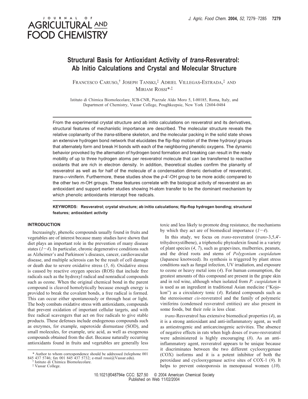 Structural Basis for Antioxidant Activity of Trans-Resveratrol: Ab Initio Calculations and Crystal and Molecular Structure