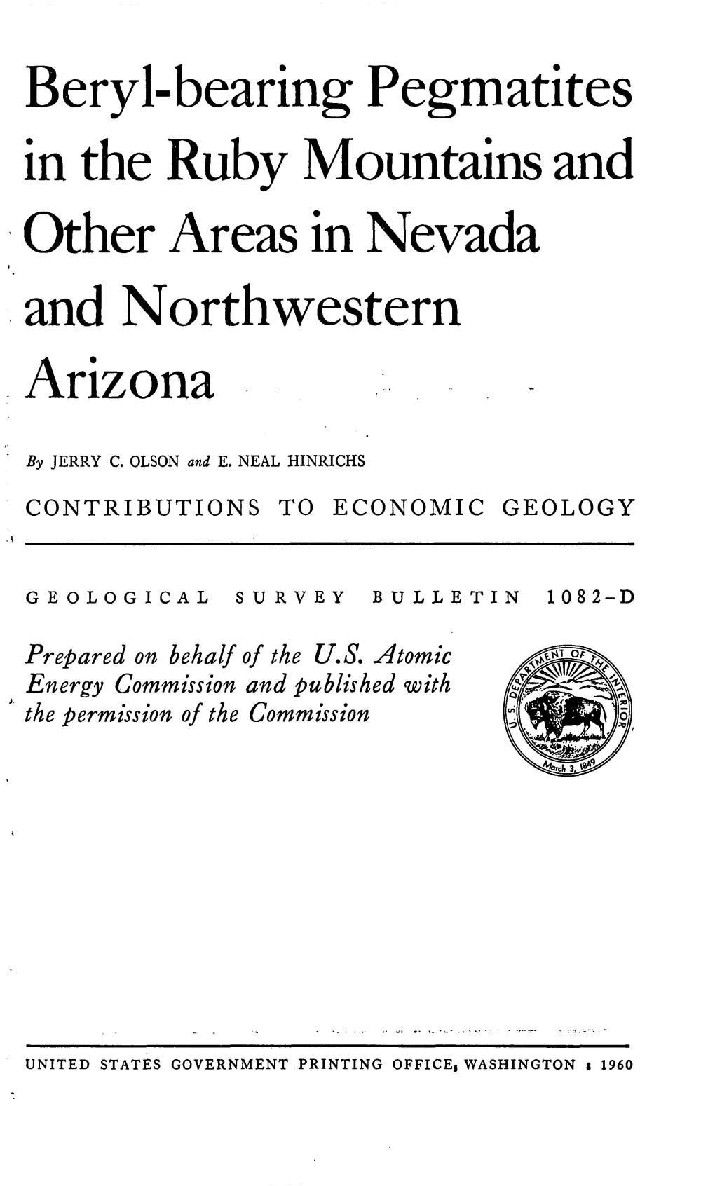 Beryl-Bearing Pegmatites in the Ruby Mountains and Other Areas in Nevada and Northwestern Arizona