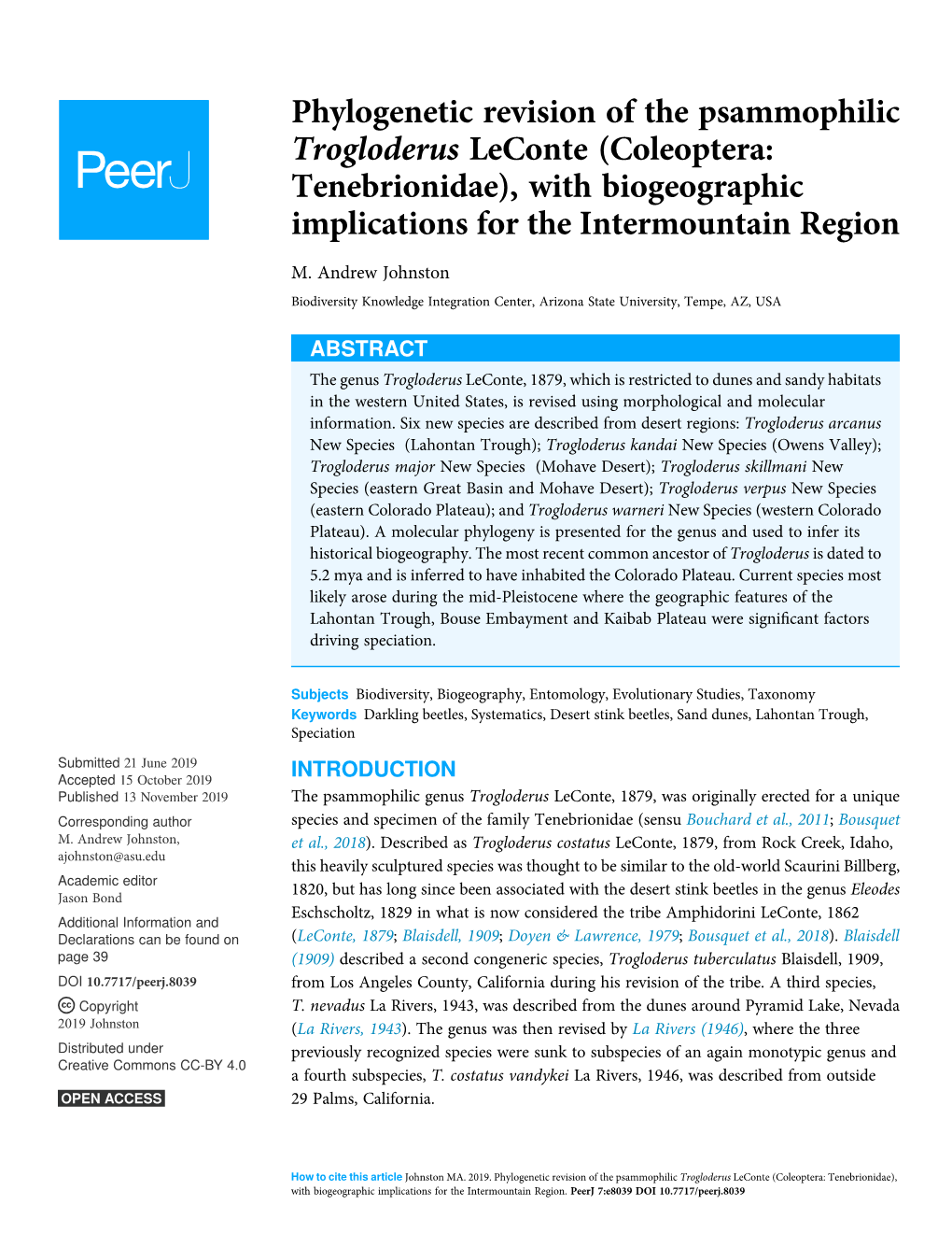 Phylogenetic Revision of the Psammophilic Trogloderus Leconte (Coleoptera: Tenebrionidae), with Biogeographic Implications for the Intermountain Region