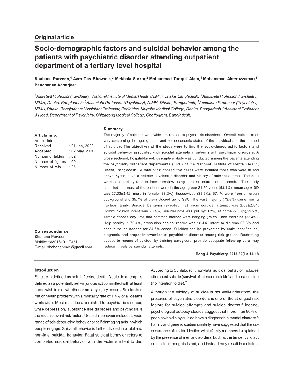 Socio-Demographic Factors and Suicidal Behavior Among the Patients with Psychiatric Disorder Attending Outpatient Department of a Tertiary Level Hospital