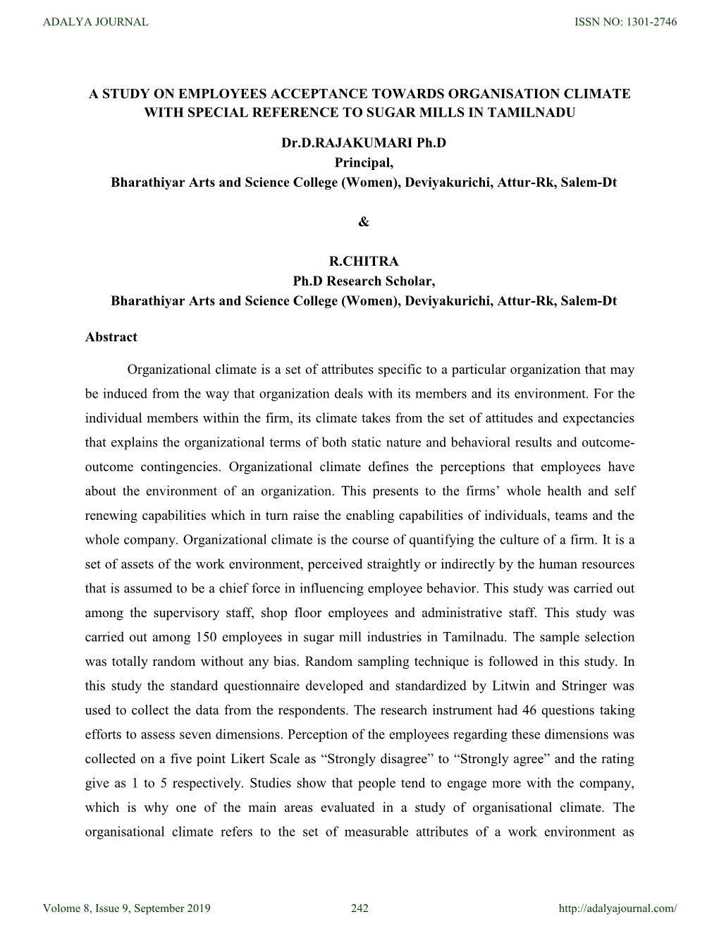 A Study on Employees Acceptance Towards Organisation Climate with Special Reference to Sugar Mills in Tamilnadu