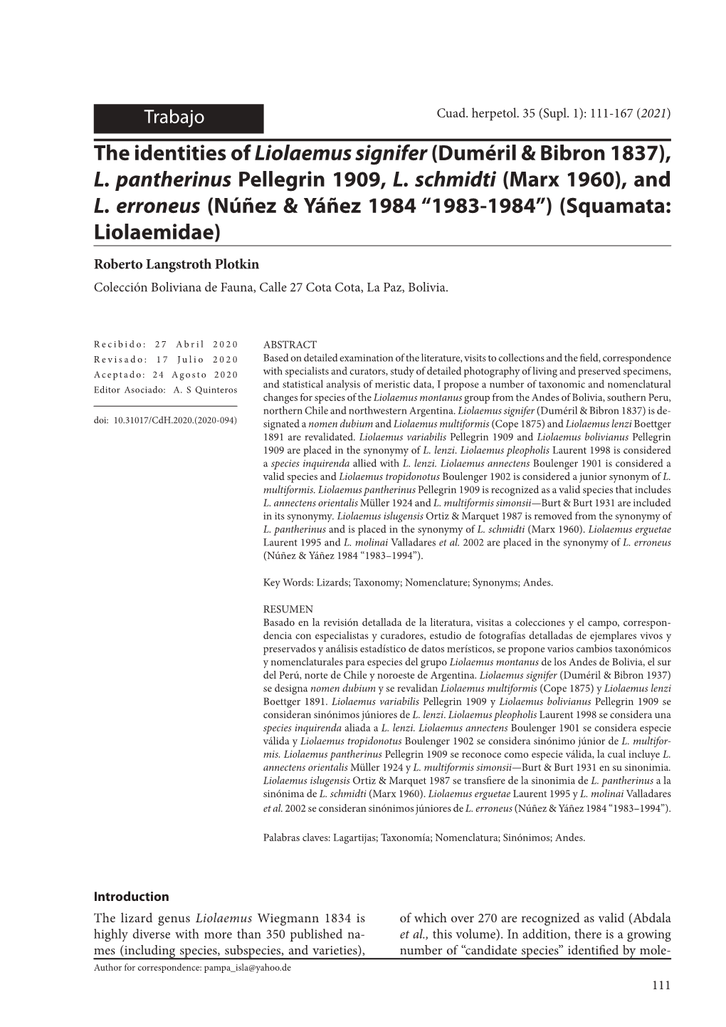 The Identities of Liolaemus Signifer(Duméril & Bibron 1837)