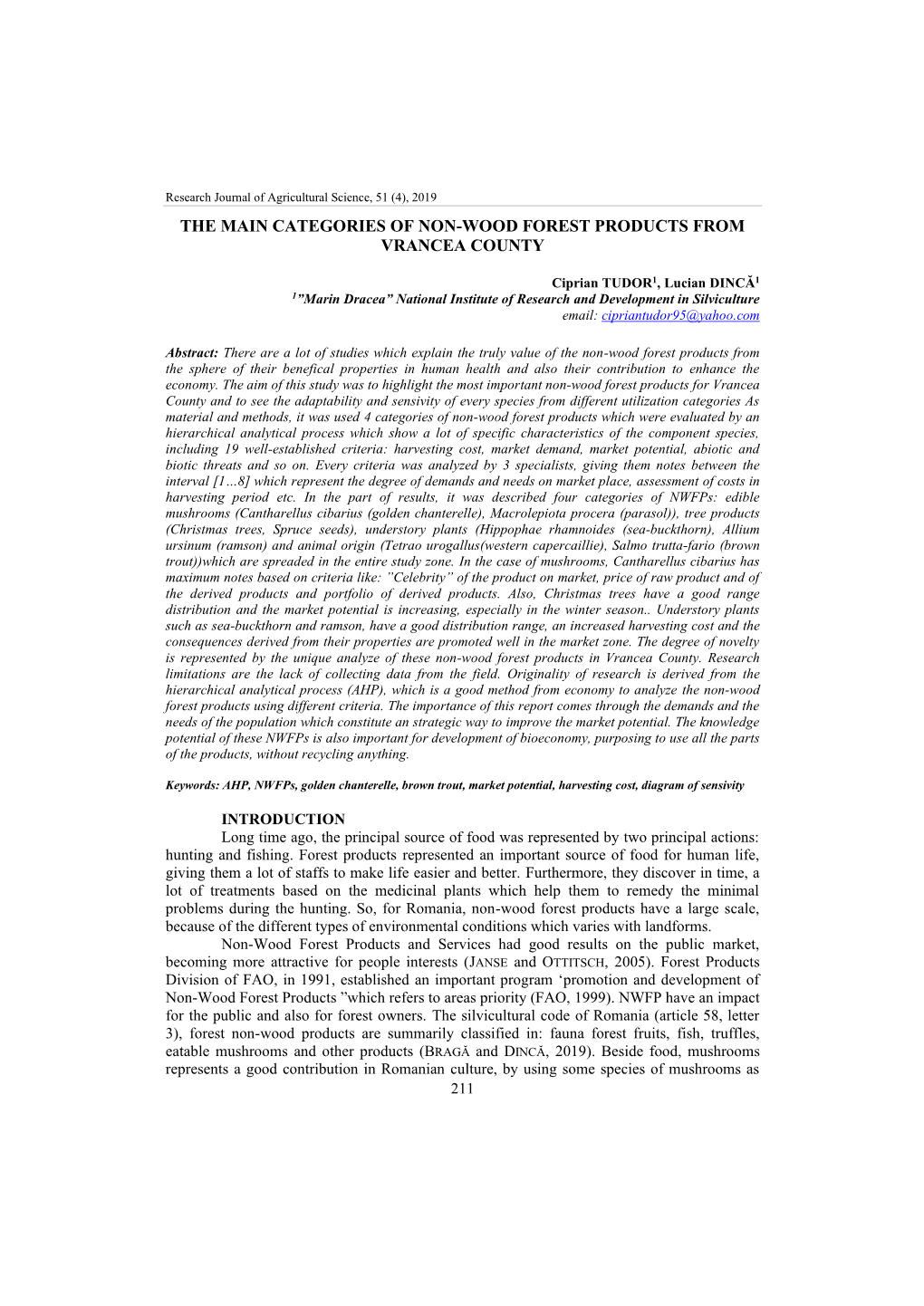 The Main Categories of Non-Wood Forest Products from Vrancea County