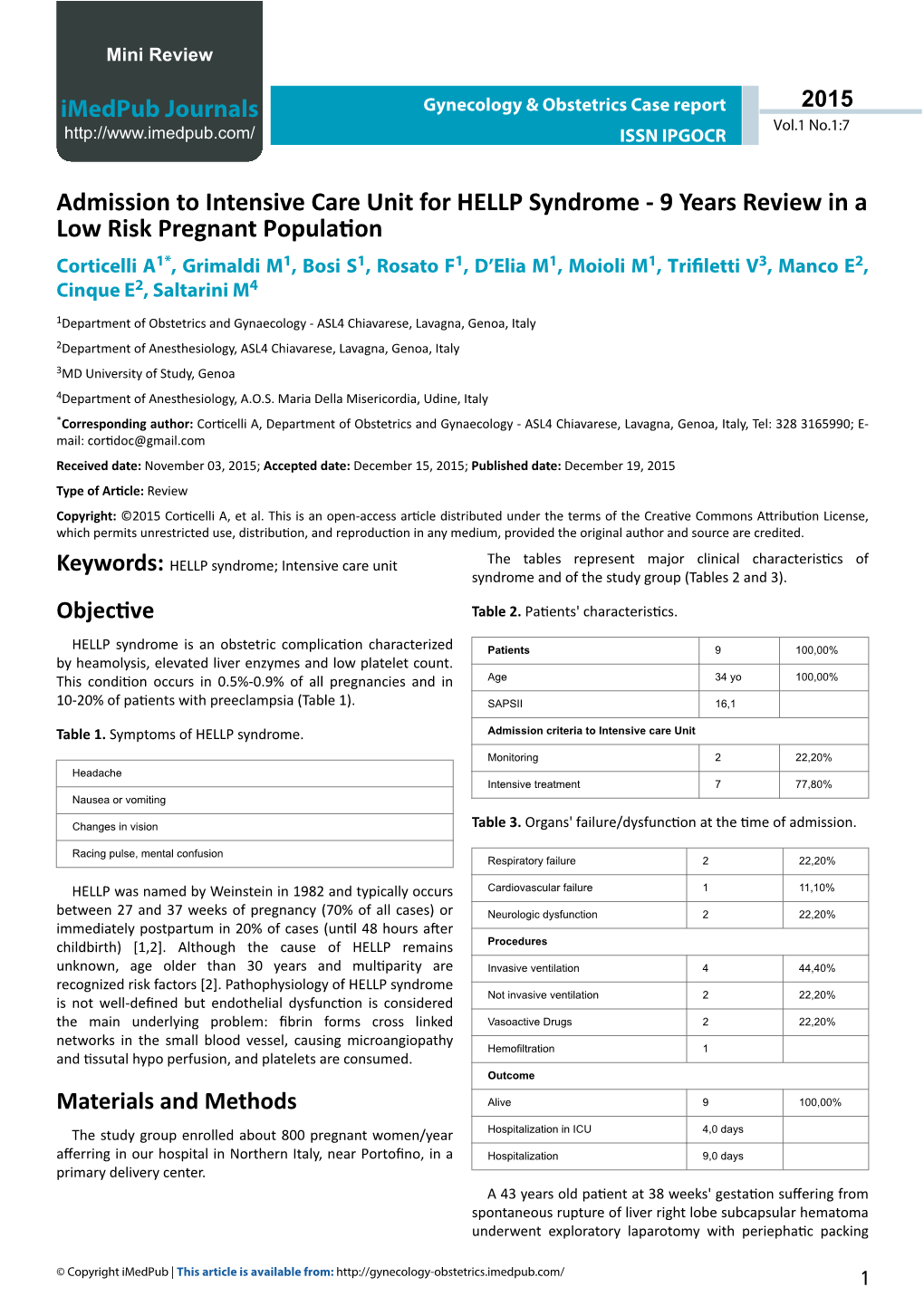 Admission to Intensive Care Unit for HELLP Syndrome