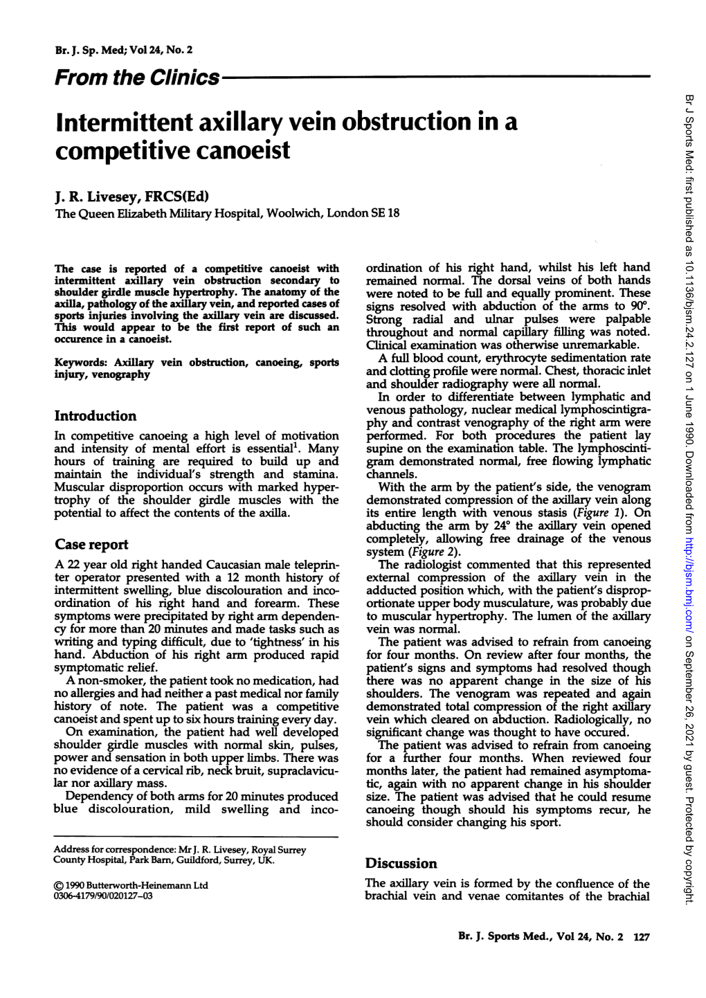 Intermittent Axillary Vein Obstruction in a Competitive Canoeist