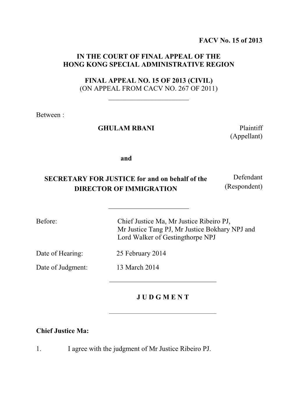 FACV No. 15 of 2013 in the COURT of FINAL APPEAL of the HONG