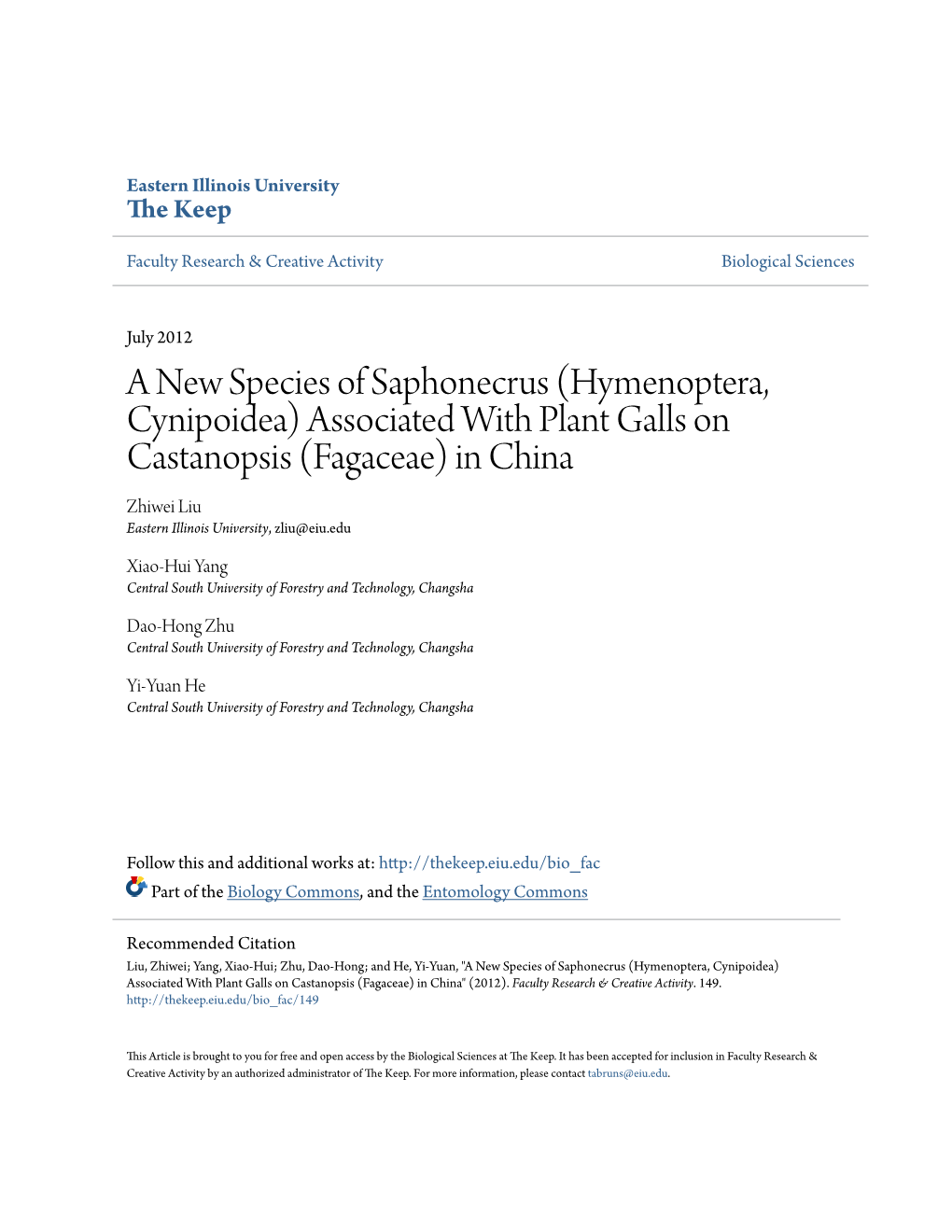 Associated with Plant Galls on Castanopsis (Fagaceae) in China Zhiwei Liu Eastern Illinois University, Zliu@Eiu.Edu