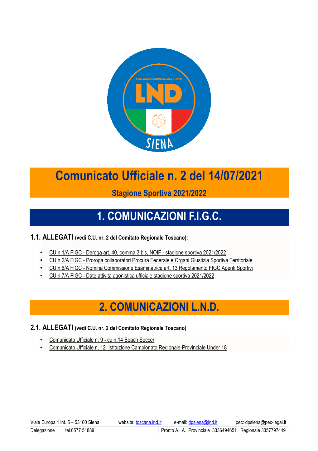 Comunicato Ufficiale N. 2 Del 14/07/2021