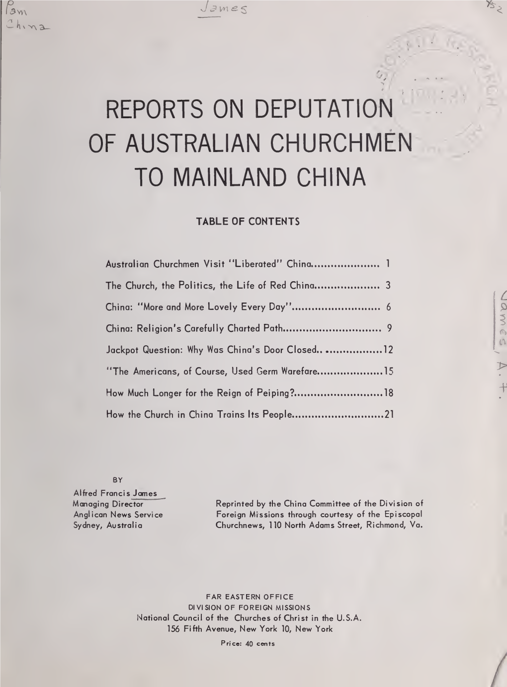 Reports on Deputation of Australian Churchmen to Mainland China