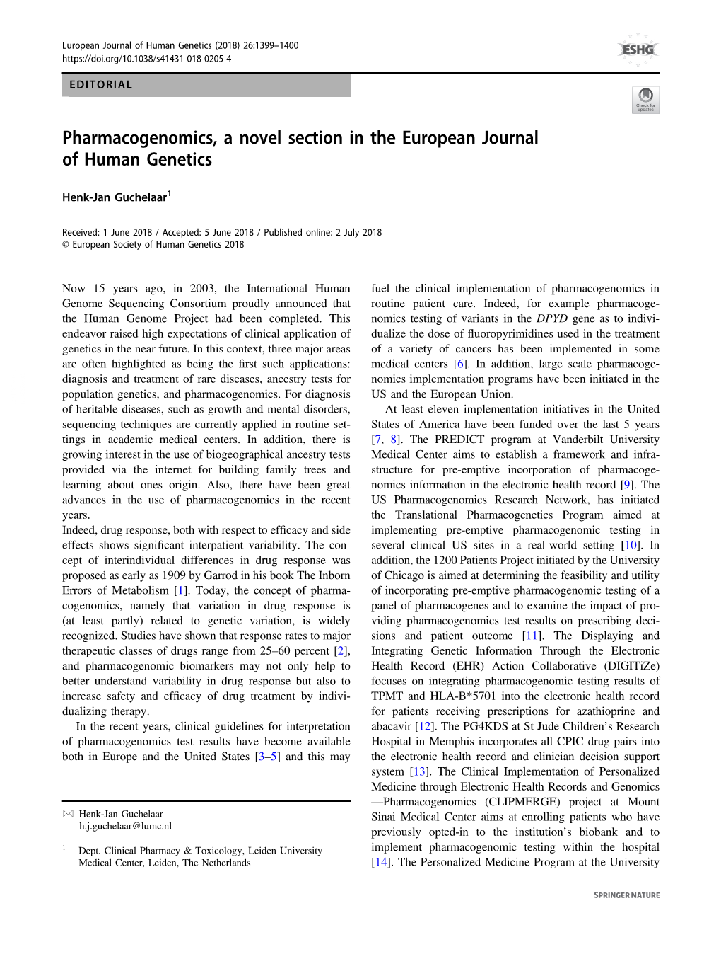 Pharmacogenomics, a Novel Section in the European Journal of Human Genetics