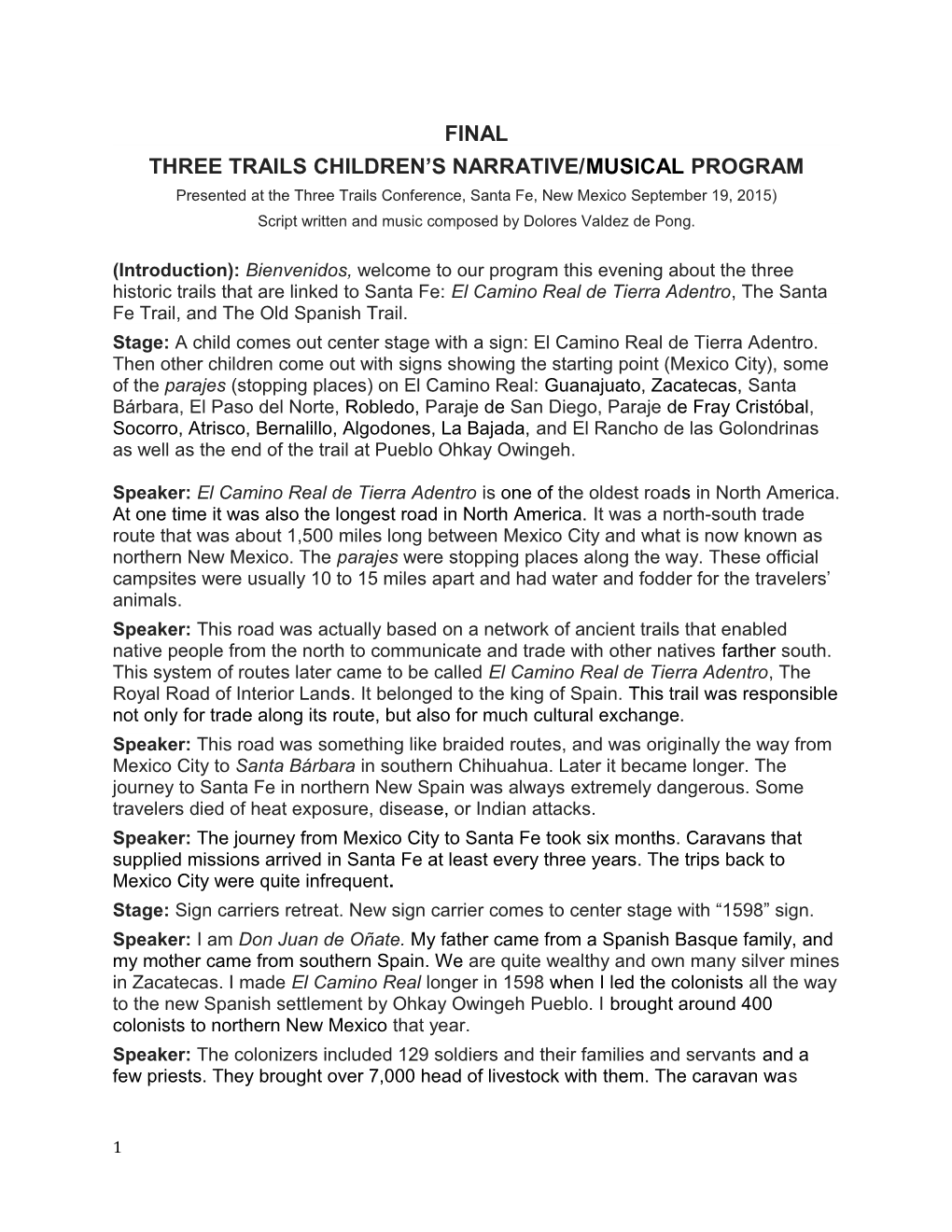 Three Trails Children S Narrative/Musical Program