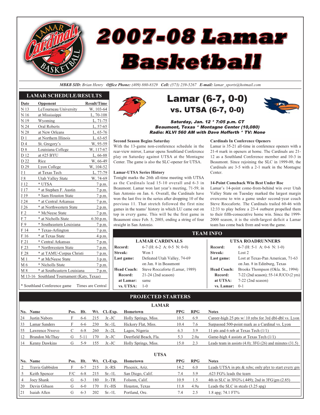 Lamar (6-7, 0-0) N 13 Letourneau University W, 103-64 Vs