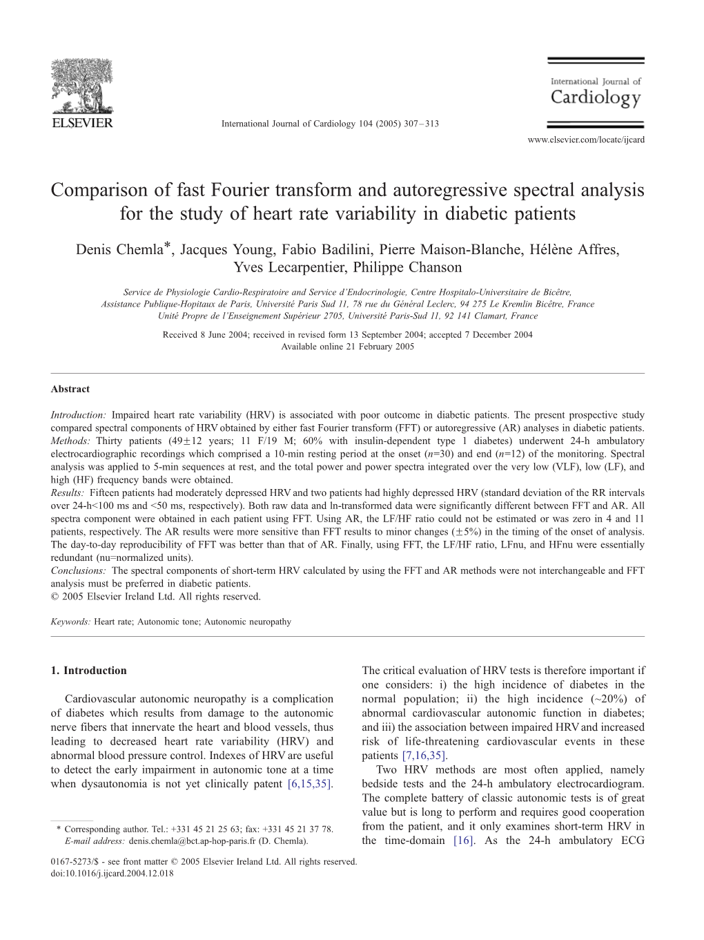 Comparison of Fast Fourier Transform and Autoregressive Spectral Analysis for the Study of Heart Rate Variability in Diabetic Patients