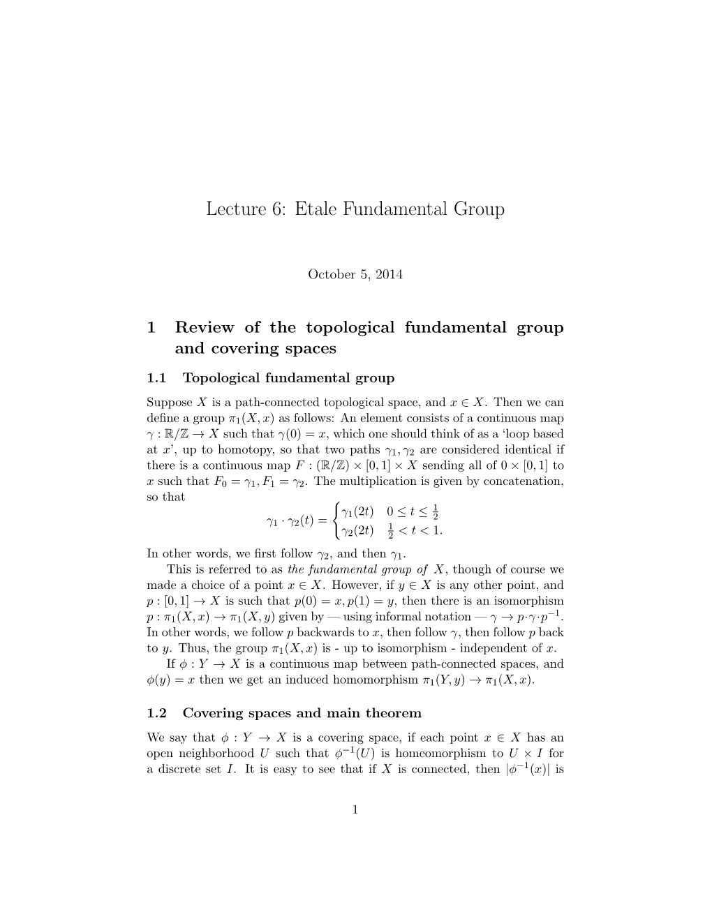 Lecture 6: Etale Fundamental Group