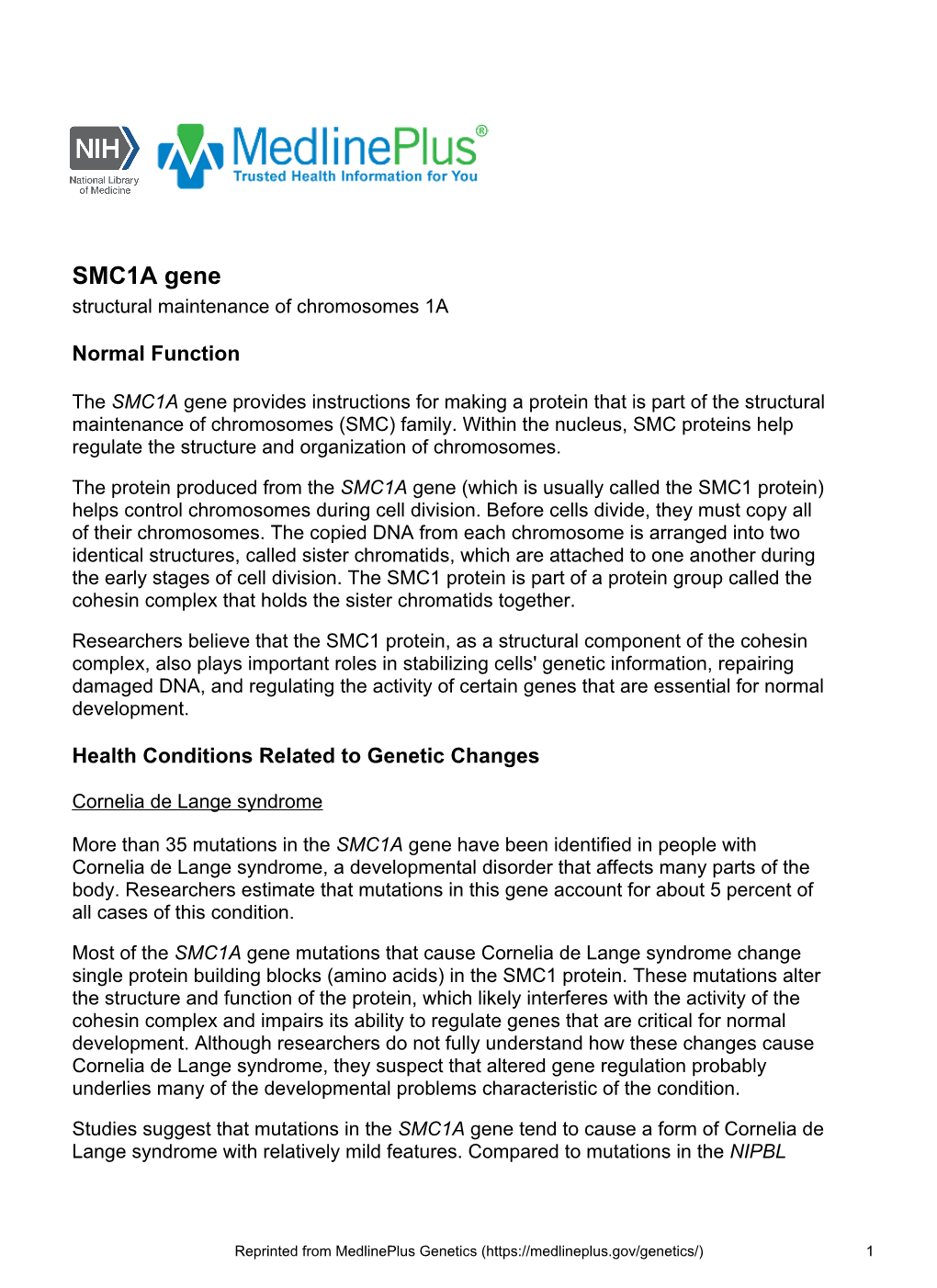 SMC1A Gene Structural Maintenance of Chromosomes 1A