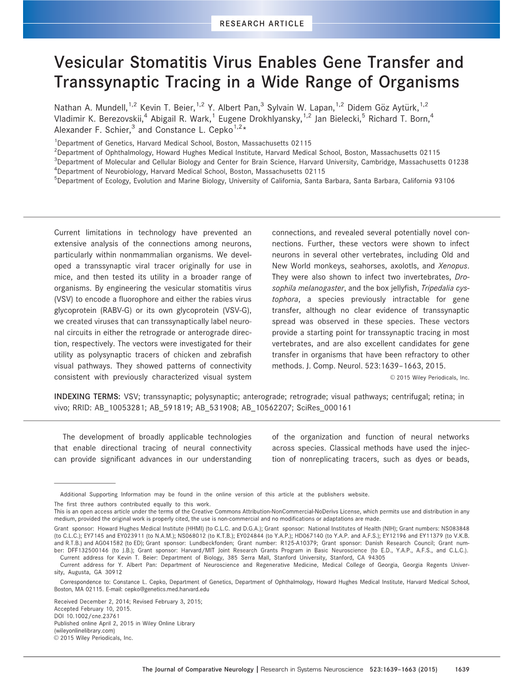 Vesicular Stomatitis Virus Enables Gene Transfer and Transsynaptic Tracing in a Wide Range of Organisms