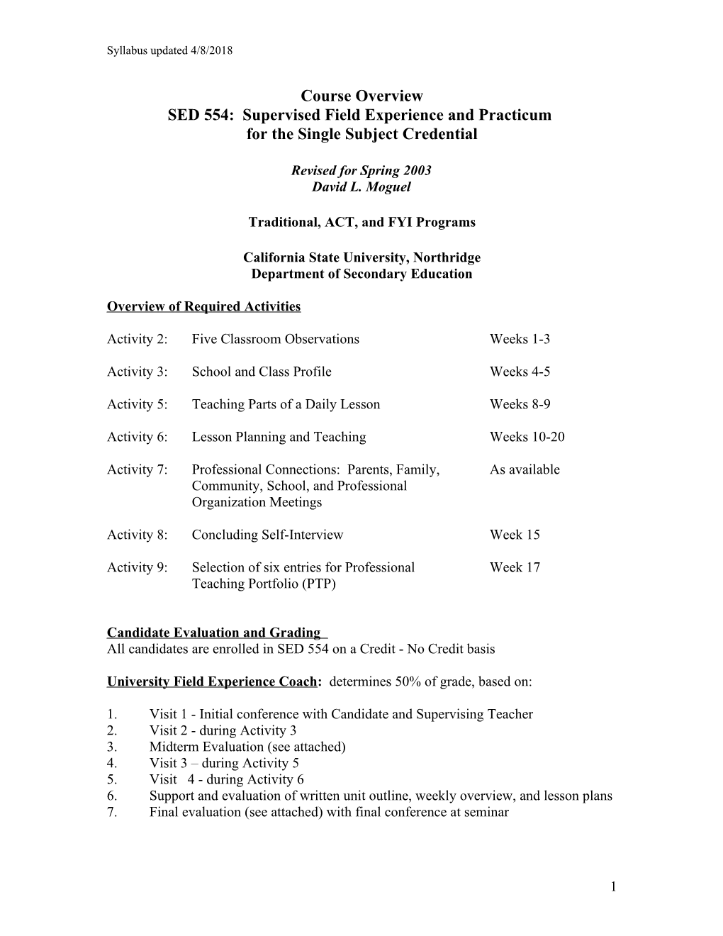 SED 554: Supervised Field Experience and Practicum